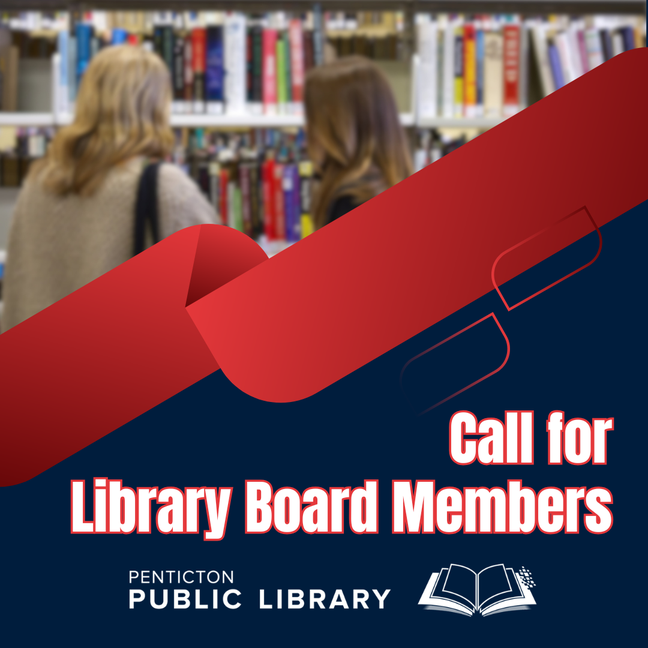 A blurry image of two women facing library stacks in the top left. A red ribbon going through the image. Bottom right of the image is black, with white text reading: Call for Library Board Memebers