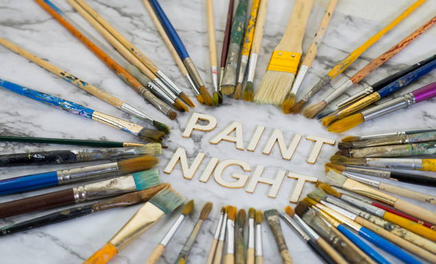 The words Paint Night surrounded by paint brushes