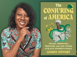 Picture of the author to the left of her book cover "The conjuring of America"