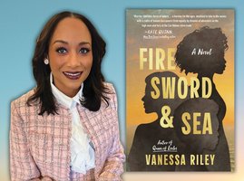 The author is to the left of her book's cover "Fire, Sword, and Sea"