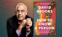 David Brooks, an older white man with grey hair and glasses, is on the left side of the image. The cover of his book is on the right side.