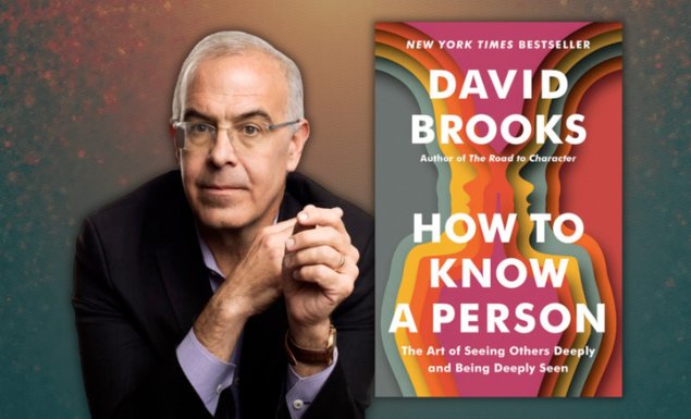 David Brooks, an older white man with grey hair and glasses, is on the left side of the image. The cover of his book is on the right side.